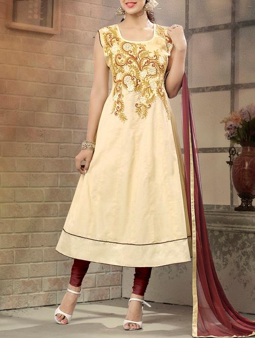 cream cotton semistitched suit - 10608713 - Very Small Image - 1