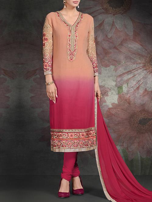orange & pink georgette semistitched suit - 10608781 - Very Small Image - 1
