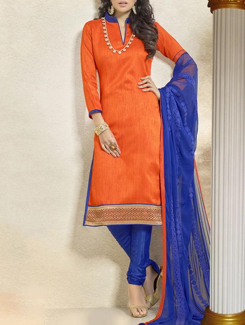 orange silk blend semistitched suit - 10608818 - Very Small Image - 1
