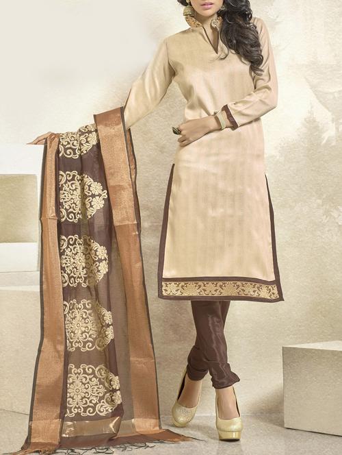 cream silk blend semistitched suit - 10608822 - Very Small Image - 1