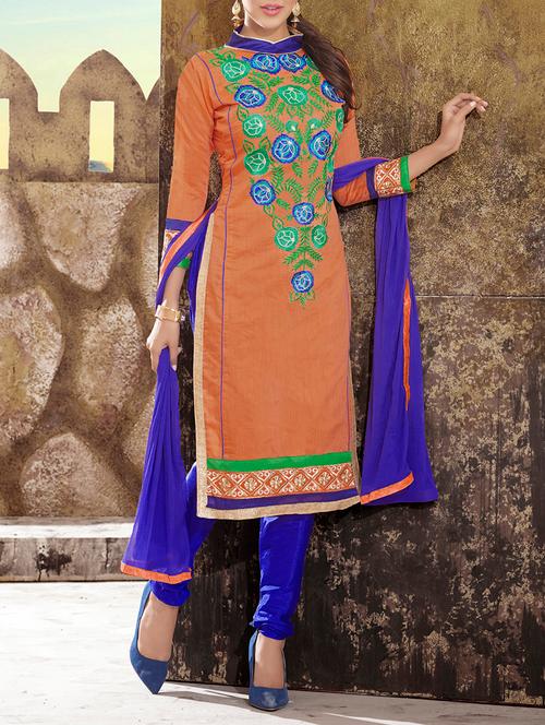 orange chanderi semistitched suit - 10608833 - Very Small Image - 1