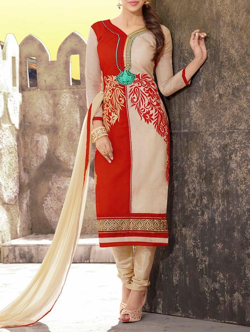 red & cream chanderi semistitched suit - 10608834 - Very Small Image - 1