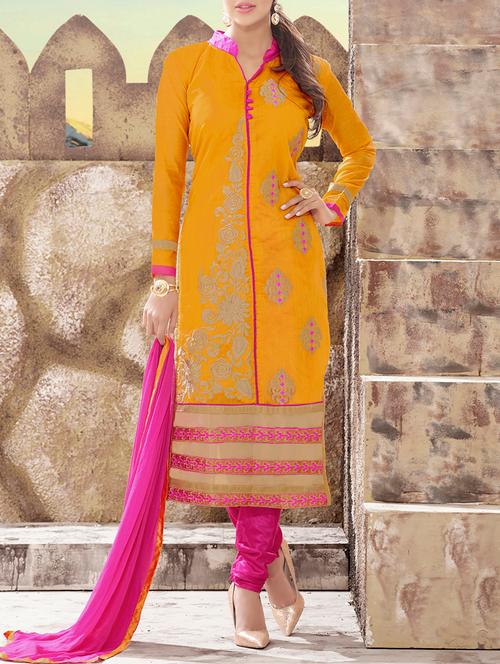 yellow chanderi semistitched suit - 10608840 - Very Small Image - 1