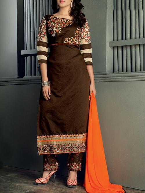 brown chanderi semistitched suit - 10608843 - Very Small Image - 1