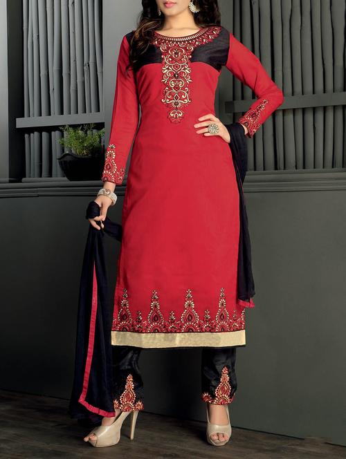 red chanderi semistitched suit - 10608852 - Very Small Image - 1