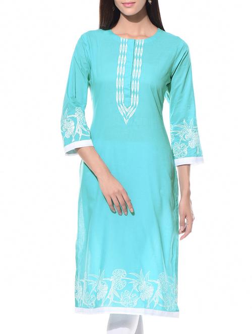 Turquoise printed round neck cotton kurta - 10619381 - Very Small Image - 1