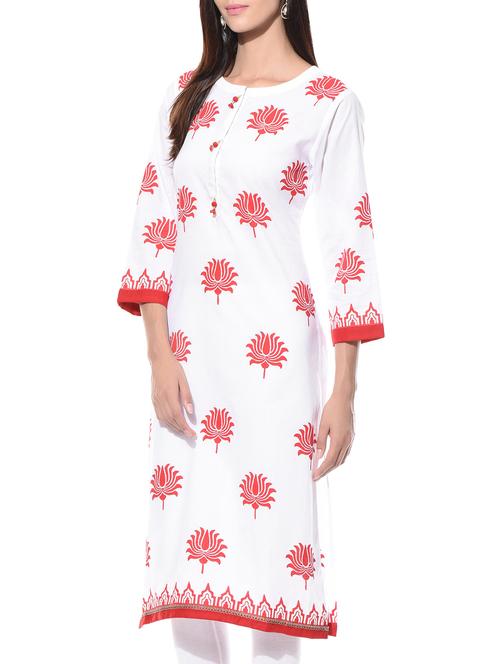 White printed round neck cotton kurta - 10619385 - Very Small Image - 1