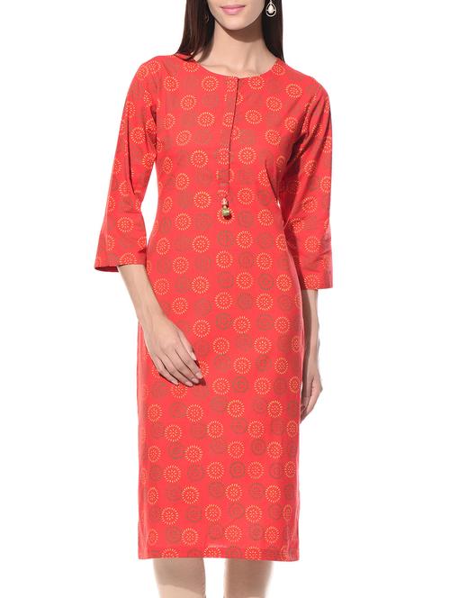Red printed round neck cotton kurta - 10619387 - Very Small Image - 1