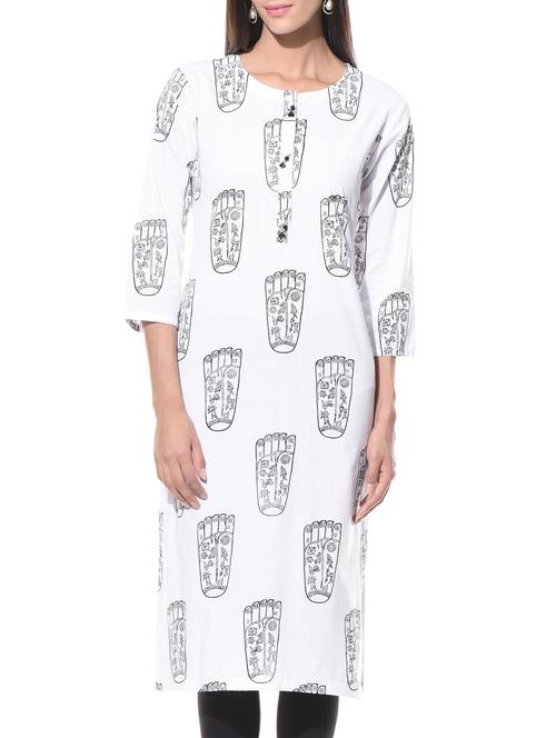 White printed round neck cotton kurta - 10619390 - Very Small Image - 1