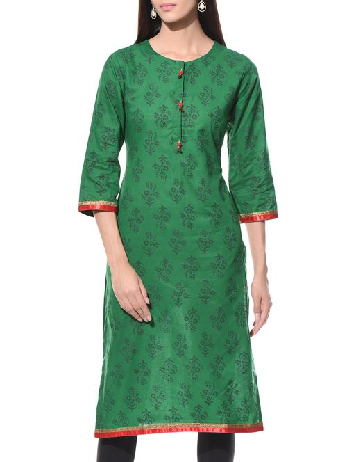 Green printed round neck cotton kurta - 10619392 - Very Small Image - 1