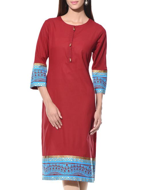 Red printed round neck cotton kurta - 10619393 - Very Small Image - 1