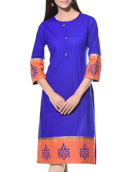 Royal blue printed round neck cotton kurta - 10619394 - Very Small Image - 1
