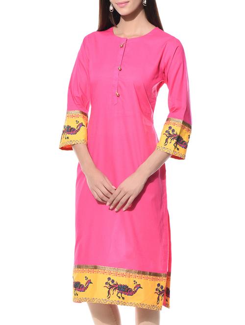 Pink printed round neck cotton kurta - 10619397 - Very Small Image - 1