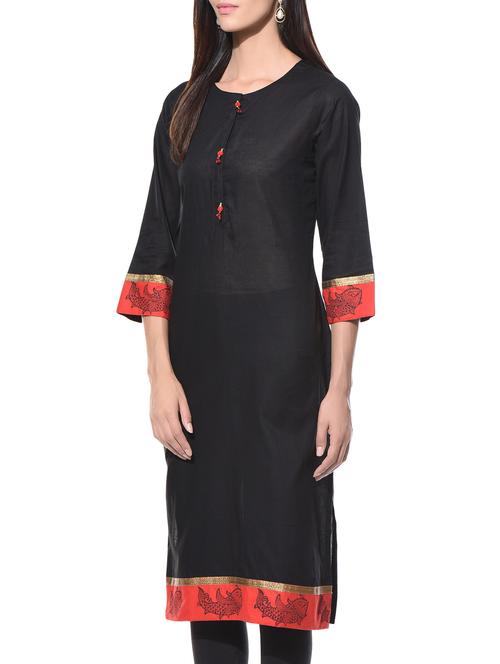 Black printed round neck cotton kurta - 10619398 - Very Small Image - 1