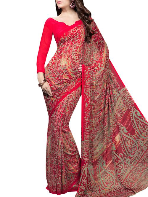 light red, green georgette saree - 10626066 - Very Small Image - 1