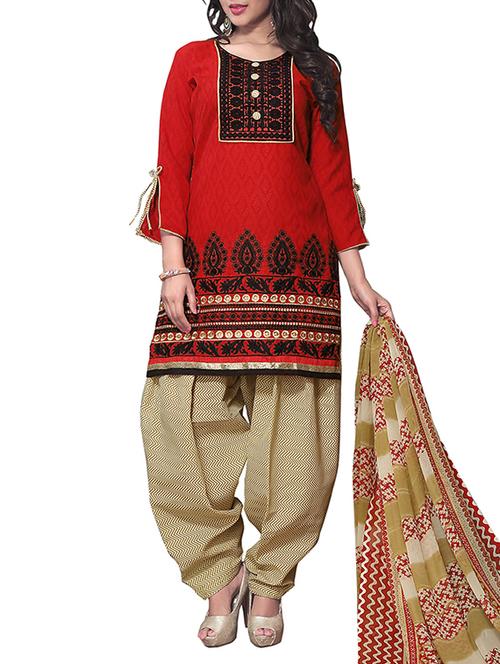 red cotton unstitched suit - 10646153 - Very Small Image - 1