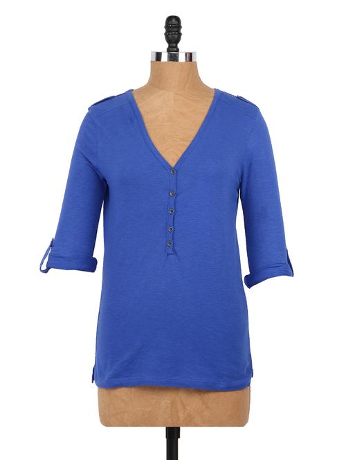plain blue roll-up sleeves knit top - 1064969 - Very Small Image - 1