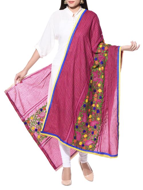 pink hand embroidered phulkari cotton dupatta - 10653725 - Very Small Image - 1