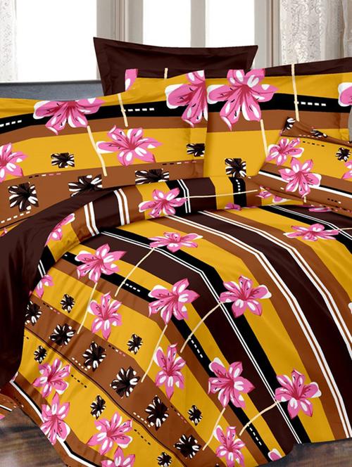 floral elite brown cotton double bed sheet with 2 pillow cover by valtellina - 10654173 - Very Small Image - 1
