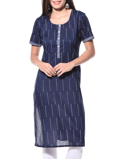 Indigo Cotton Hand-Block Printed Kurta - 10660096 - Very Small Image - 1