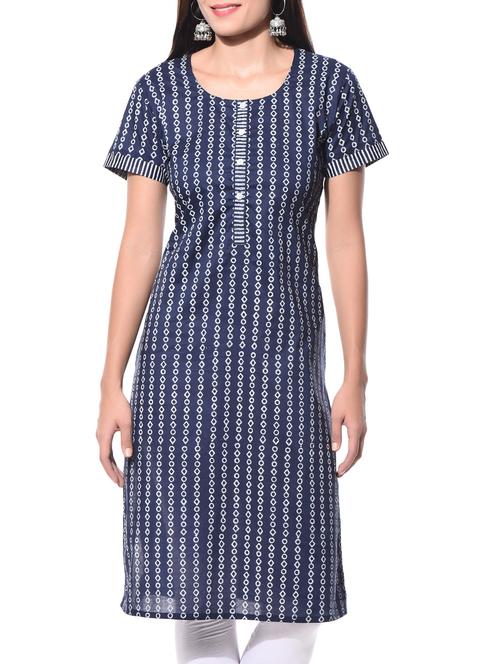 Indigo Cotton Hand-Block Printed Kurta - 10660099 - Very Small Image - 1