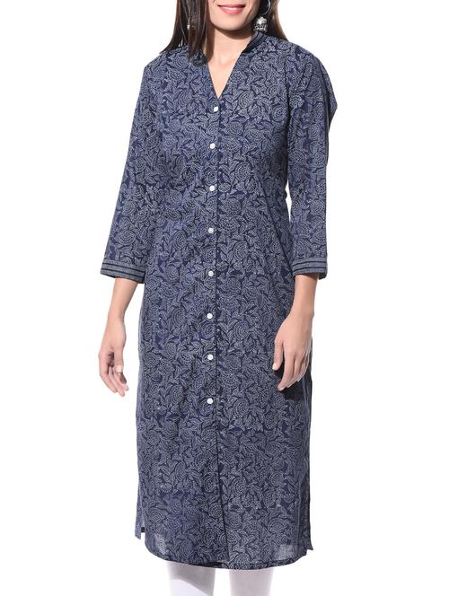 indigo cotton hand-block printed kurta - 10660104 - Very Small Image - 1