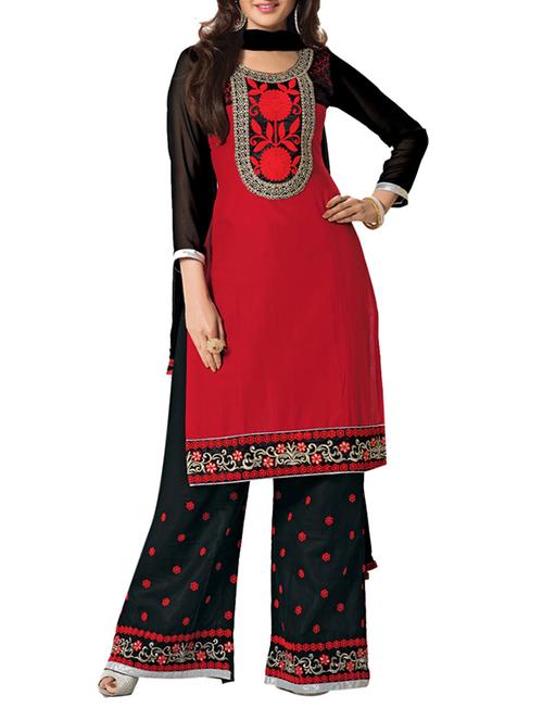red, black cotton unstitched suit - 10665088 - Very Small Image - 1