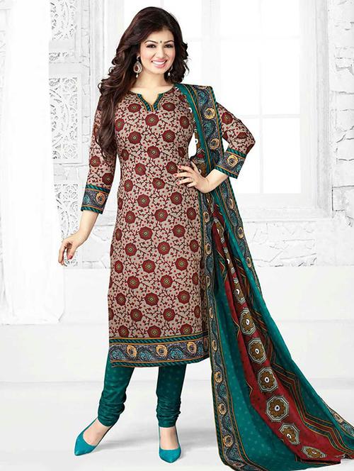 peach, maroon cotton unstitched suit - 10669985 - Very Small Image - 1