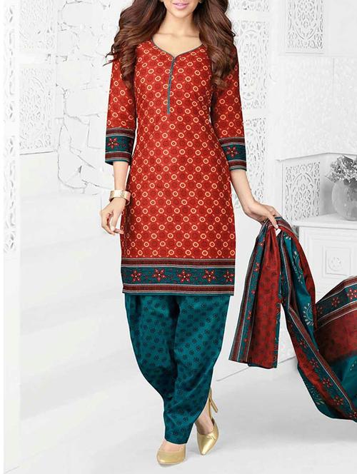 red cotton unstitched suit - 10669989 - Very Small Image - 1