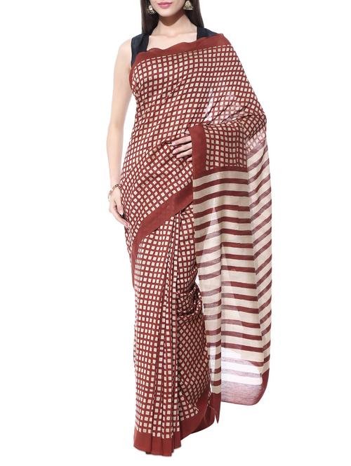 brick red and off-white printed cotton silk saree - 10682981 - Very Small Image - 1