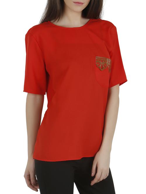 orange moss crepe leather trim top - 10693968 - Very Small Image - 1
