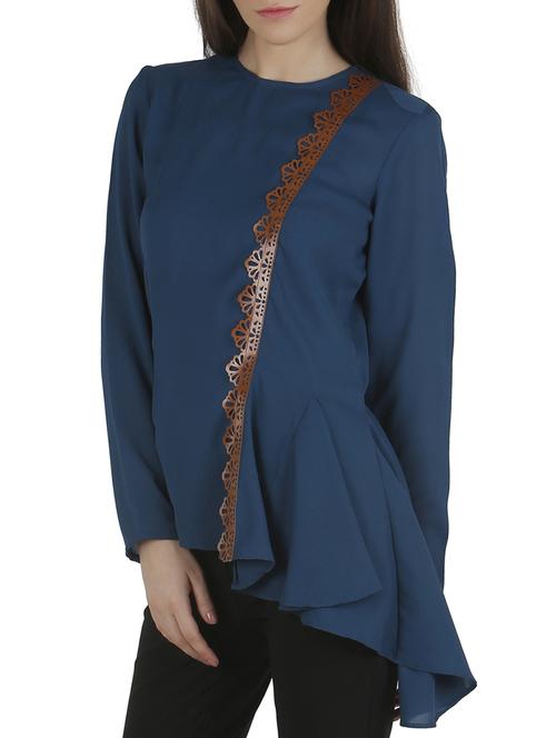 dark blue moss crepe leather trim top - 10693993 - Very Small Image - 1