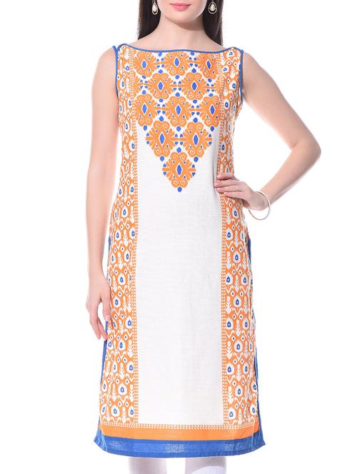 white, orange cotton kurta - 10694102 - Very Small Image - 1
