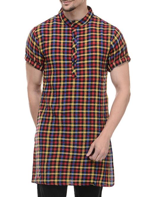 yellow khadi cotton long kurta - 10700034 - Very Small Image - 1