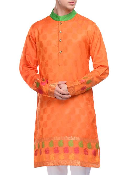 orange silk jacquard long kurta - 10700045 - Very Small Image - 1