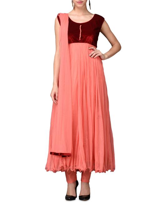 coral and maroon anarkali suit set - 1070273 - Very Small Image - 1