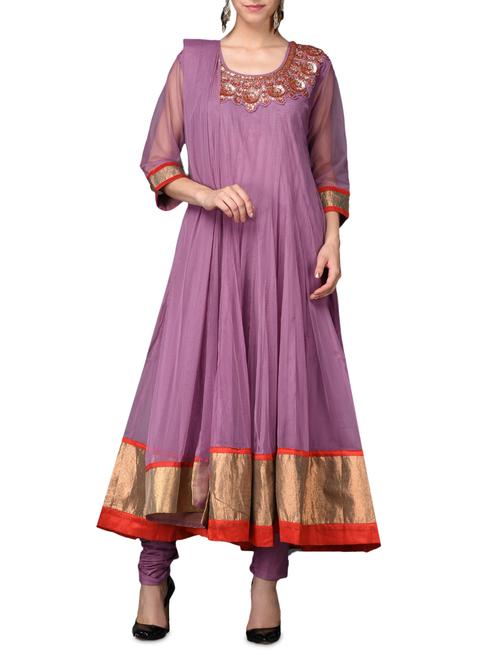 floral embroidered lavender anarkali suit set - 1070275 - Very Small Image - 1