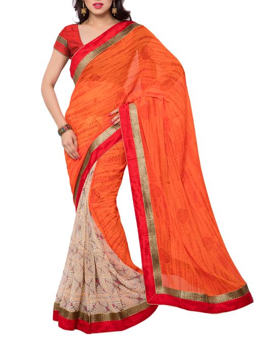 orange and beige georgette half and half saree with blouse - 10704764 - Very Small Image - 1