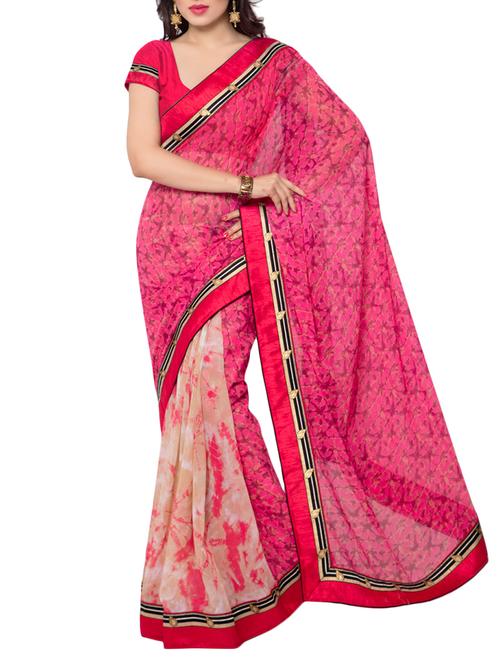 pink and beige georgette printed saree with blouse - 10704776 - Very Small Image - 1