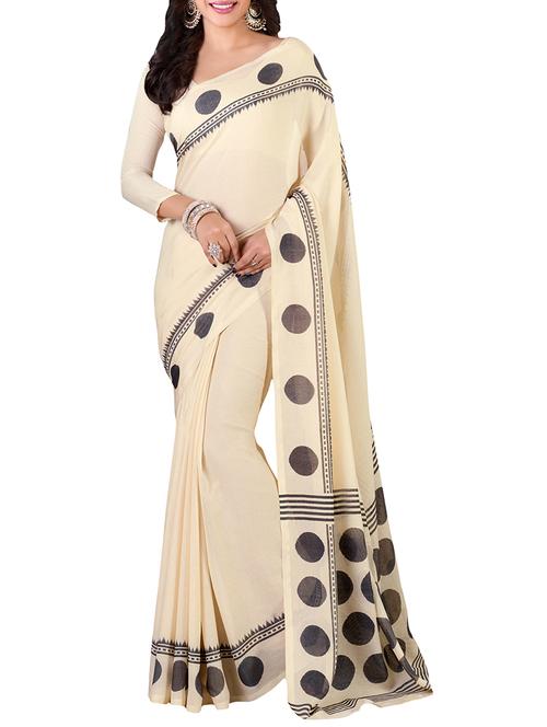 cream linen bordered saree with blouse - 10704784 - Very Small Image - 1