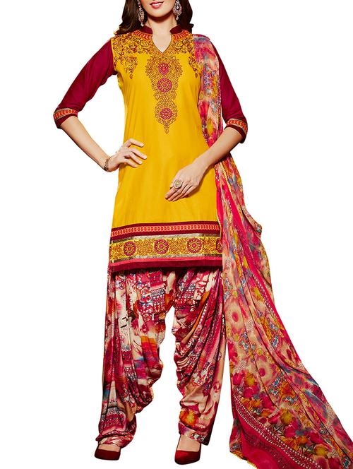 yellow & maroon cotton unstitched suit - 10704970 - Very Small Image - 1