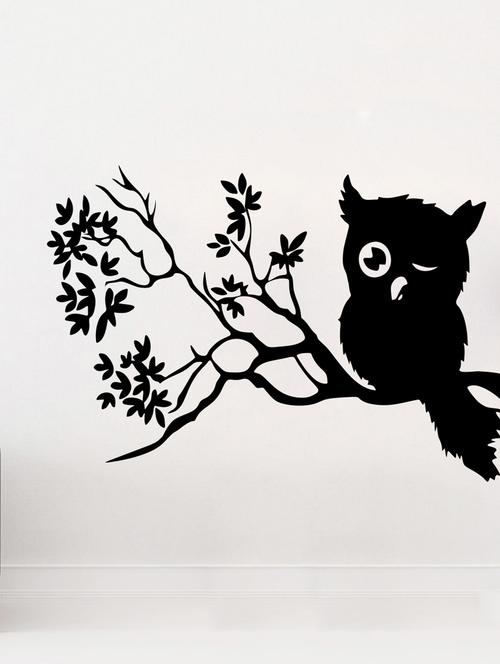 owl on tree branch small black wall sticker - 10719290 - Very Small Image - 1