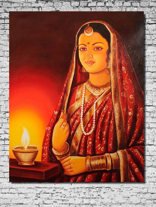 canvas painting without frame - lady with diya - 10729860 - Very Small Image - 1