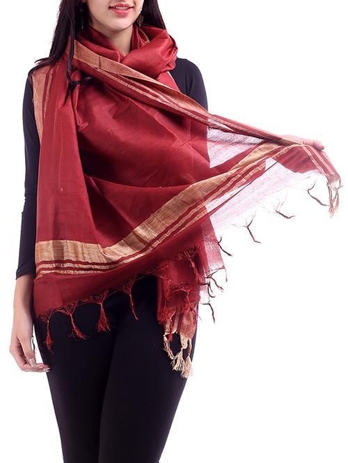 maroon plain bordered cotton silk dupatta - 1073659 - Very Small Image - 1
