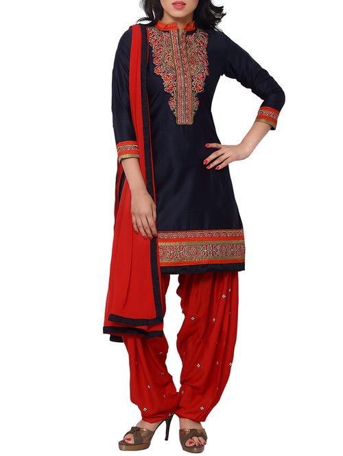 navy blue cotton satin unstitched suit - 10738330 - Very Small Image - 1