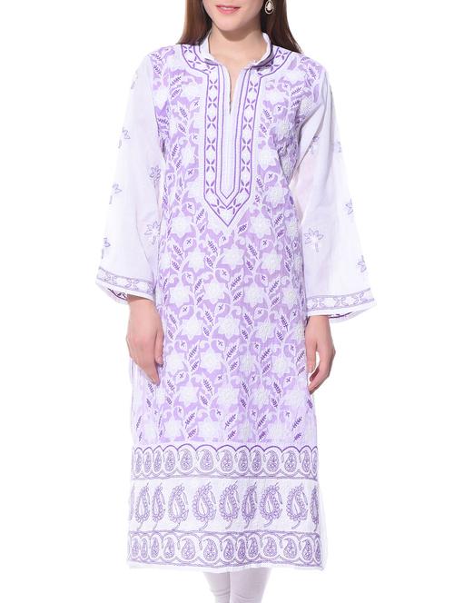 white and mauve chikankari cotton kurta - 10751460 - Very Small Image - 1