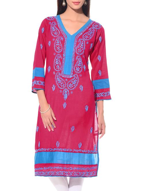 dark pink chikankari cotton kurta - 10751471 - Very Small Image - 1