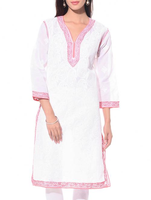 white chikankari cotton kurta - 10751503 - Very Small Image - 1