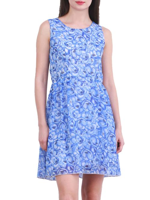 blue printed fit and flare dress - 10763461 - Very Small Image - 1