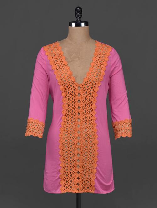 deep neck lace embellished cotton kurti - 1078372 - Very Small Image - 1